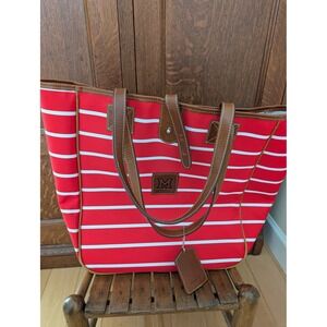 Barrington St Anne Red White Stripe Leather Trim Monogram M Canvas Tote Bag